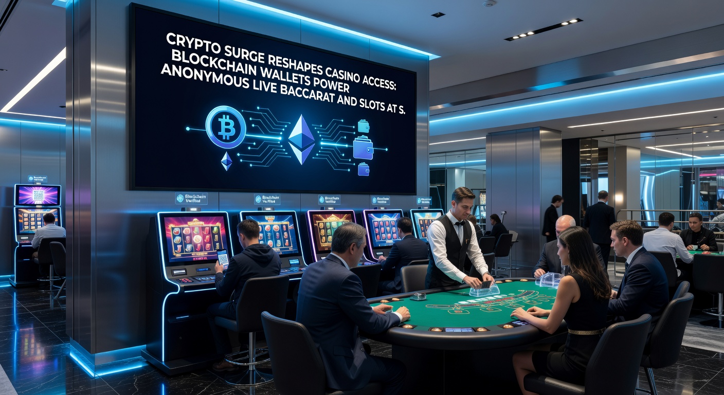 Vibrant live baccarat table streamed in real-time, with crypto wallet interface overlay showing instant deposits and anonymous betting options amid slot machine graphics